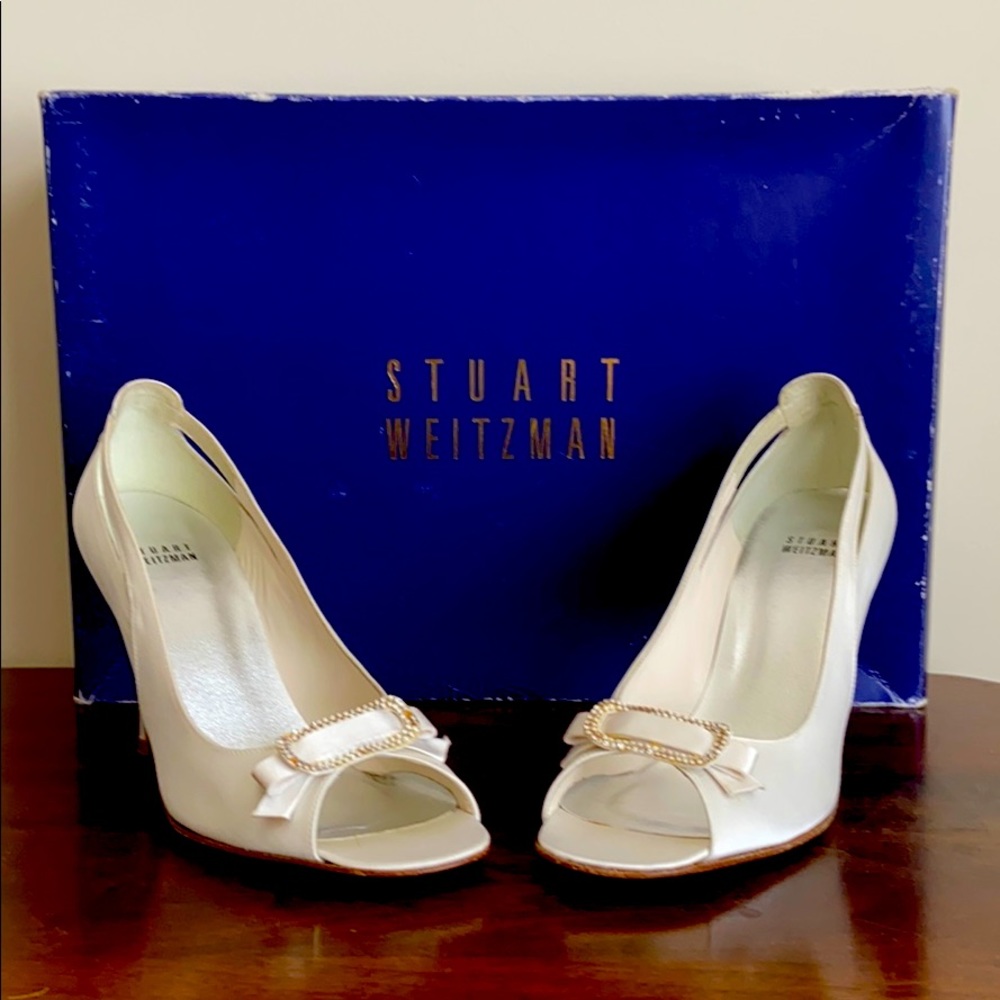 Stuart Weitzman white satin heels